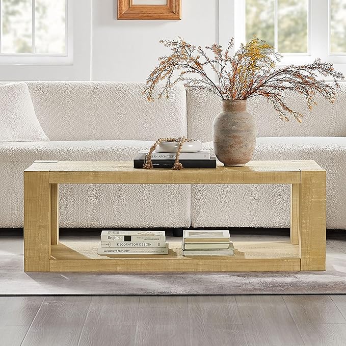 Modern 48 Inch Rectangular Coffee Table, 2-Tier Wood Veneer Living Room Center