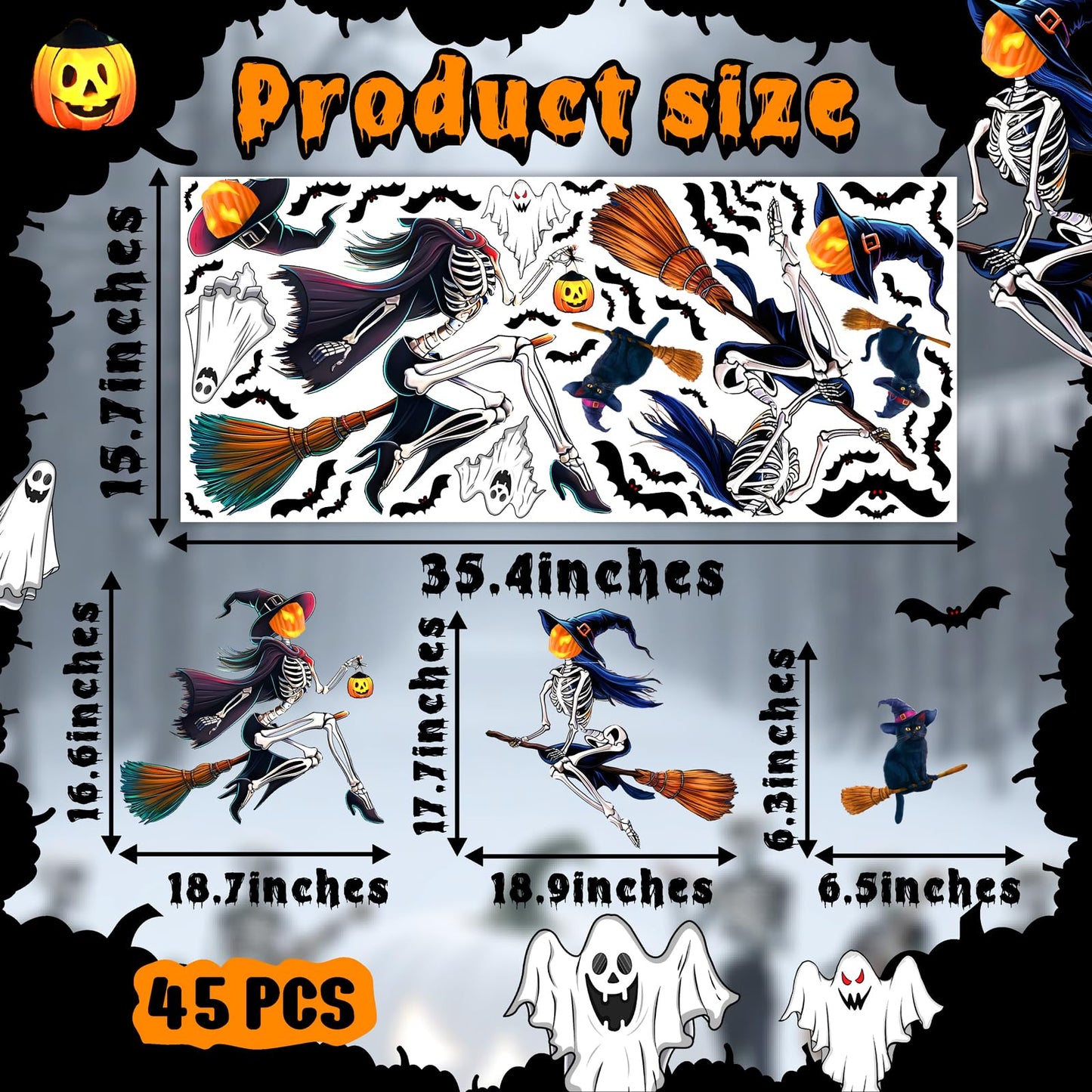 Halloween Window Decorations Decals Scary Skeleton Witches Window Stickers Double-Sided Bats Ghost Clings for Glass Removable Reusable Black Cat Static Decal for Indoor Outdoor Home Holiday Supplies