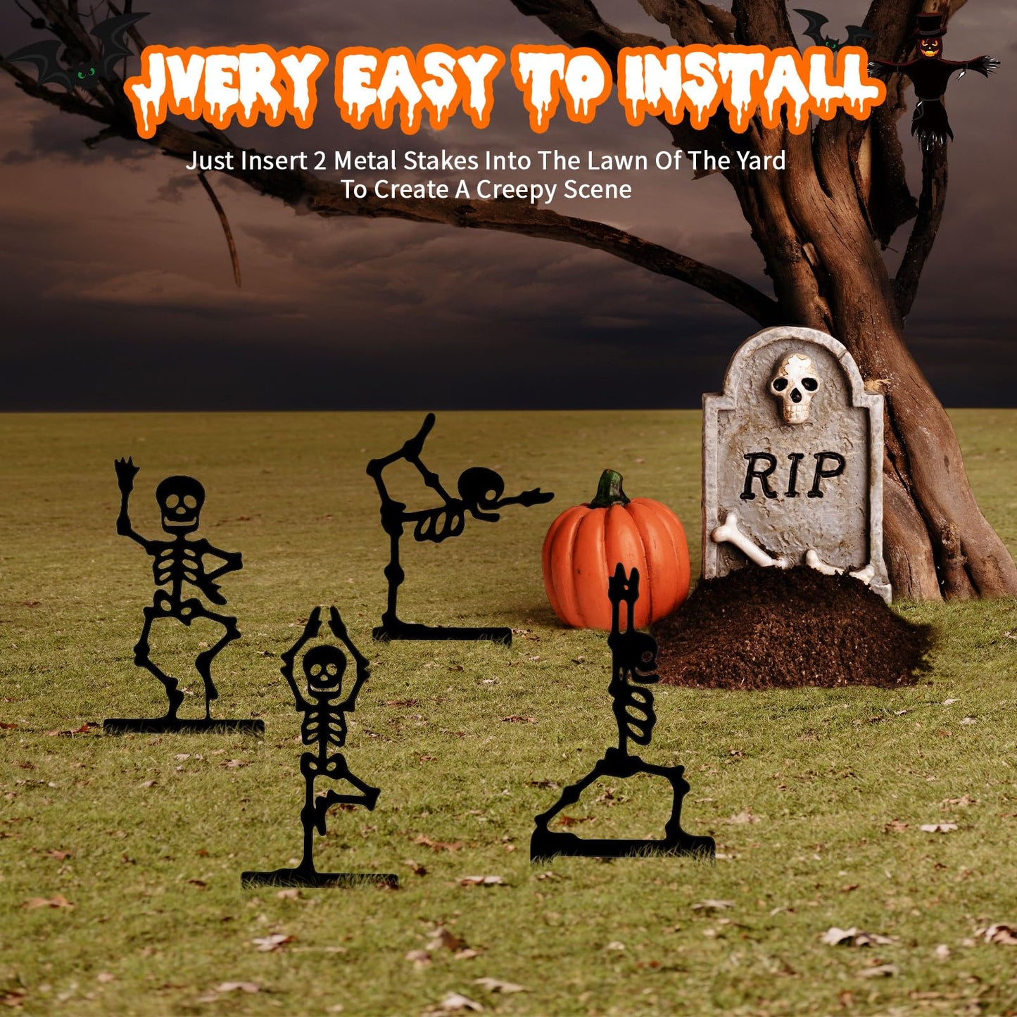 Moxweyeni 6 Pack Halloween Yard Stake 11.8" Metal Skeleton Garden Stakes Black Halloween Yard Signs Gothic Scary Decorations for Outdoor Garden Lawn Path