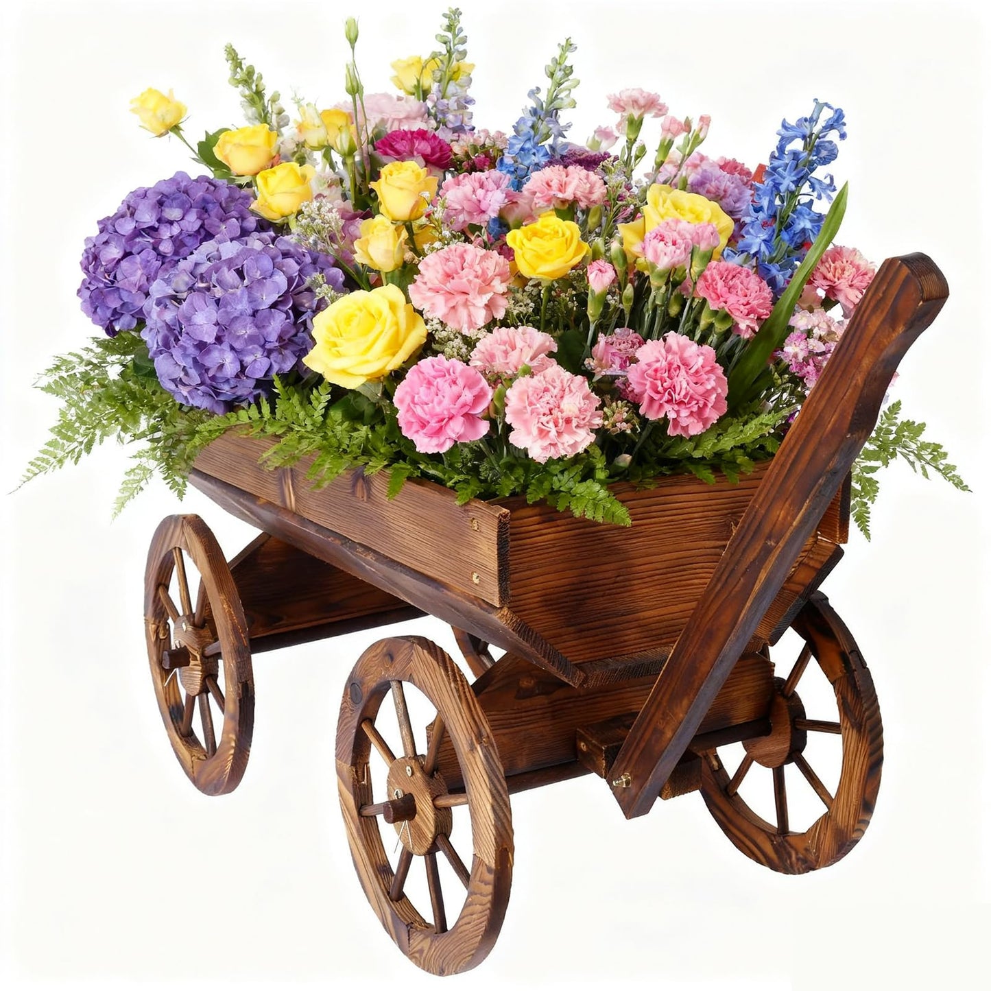 Tomkate Wagon Flower Planter Cart – Movable Wooden Raised Garden Bed on Wheels with Handle, Rolling Pot Stand for Outdoor Plants, Decorative Garden Planter, Durable Brown Wood Wagon for Patio & Yard