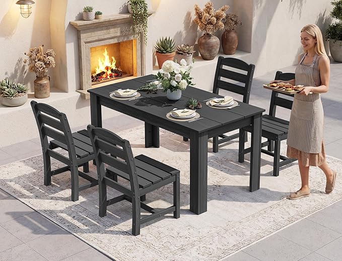 SERWALL HDPE Dining Set for 6: 1 Umbrella Hole Table, 4 Armless + 2 Armchairs.