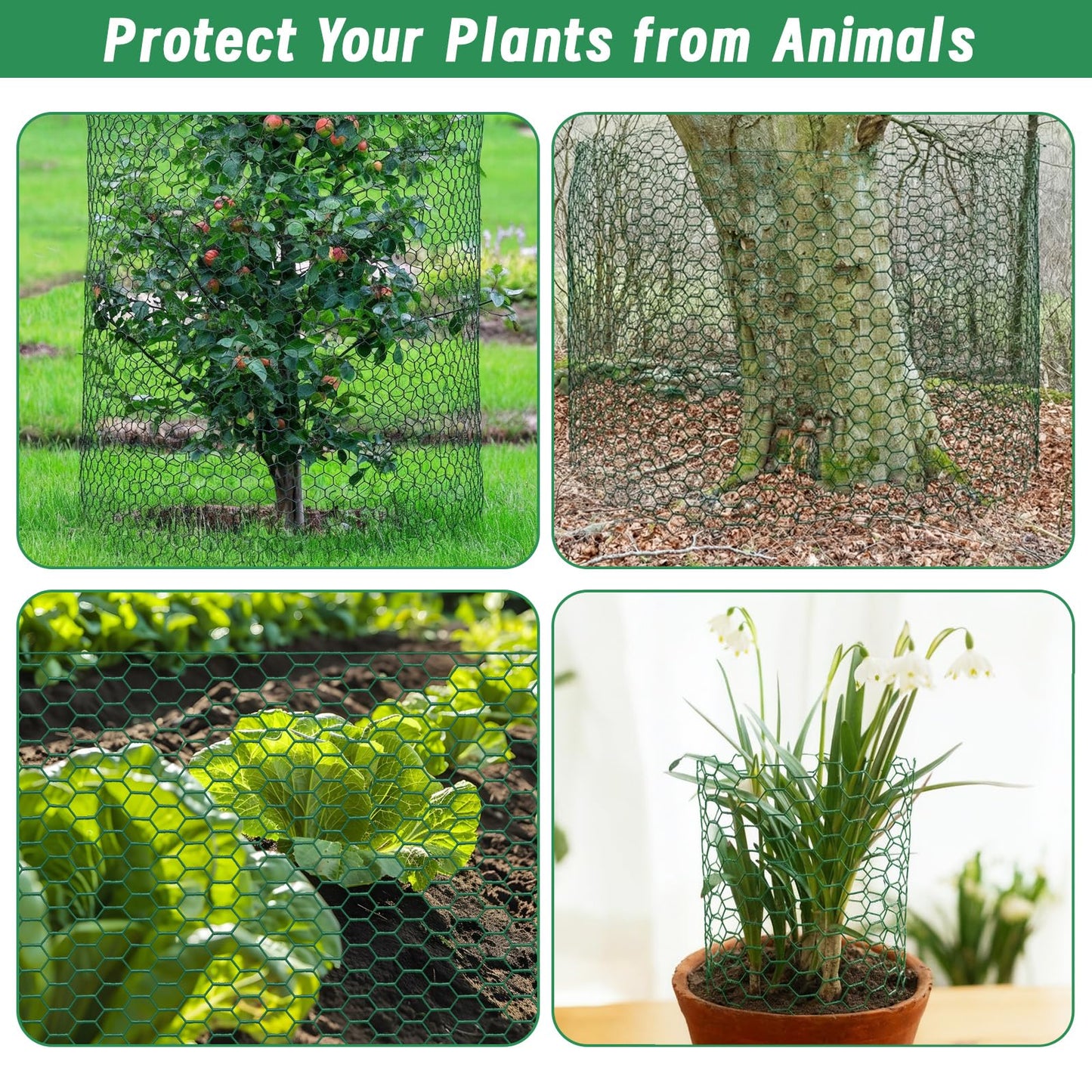 Convivium Plant Protectors from Animals, 0.8mm Free-Cut Green Chicken Wire Mesh, PVC Coated Tree Trunk Guard & Garden Fence for Outdoor Plants with Zip Ties, Stakes, Pliers, Gloves（16.4Ft*16In）