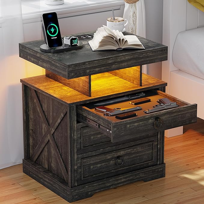HNEBC Night Stand Set 2 with Gun Drawers, Farmhouse Nightstand with Charging