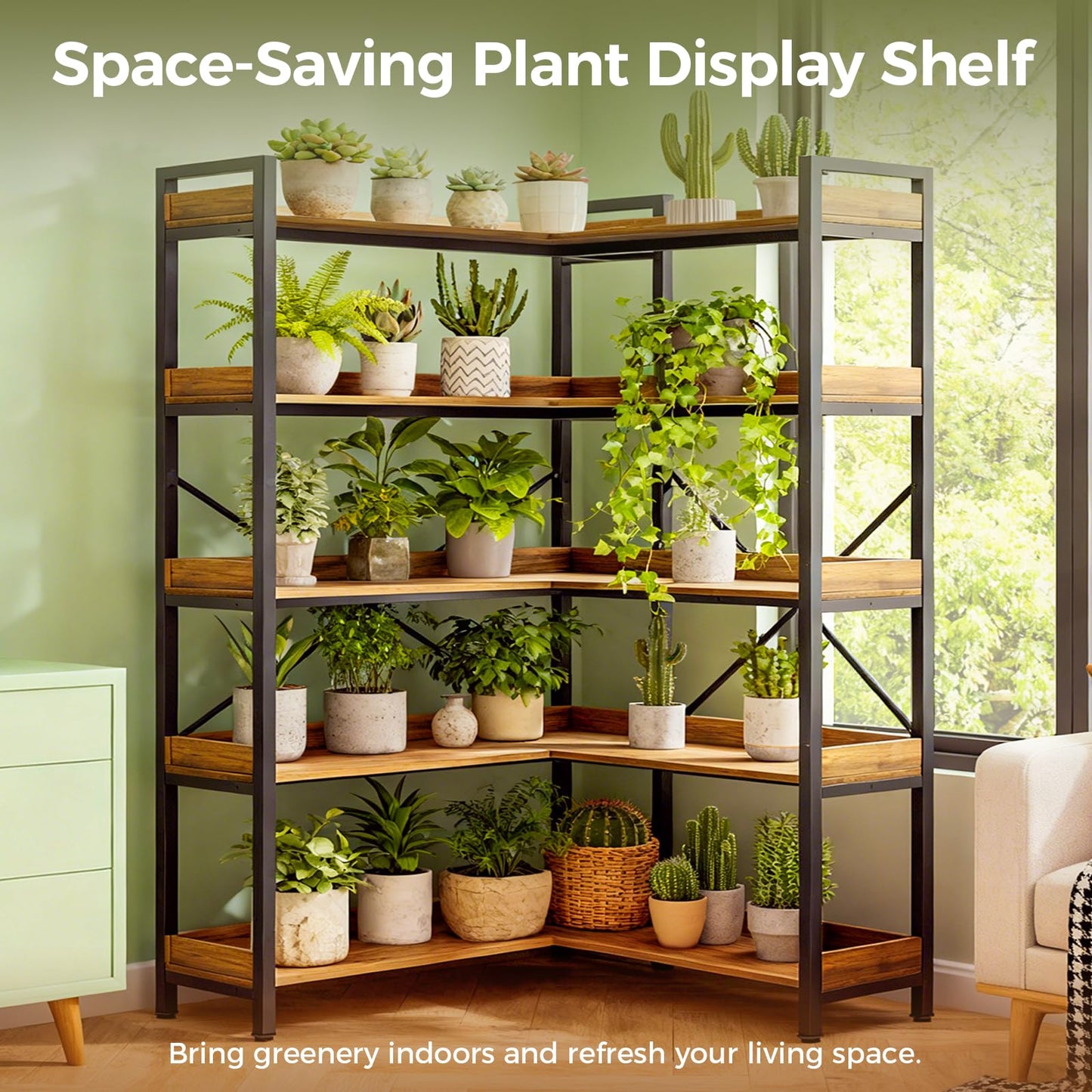 GTPLAYER 5-Tier Corner Bookshelf, L-Shaped Metal Frame Shelf with Tall 14" Shelves, Plant Stand and Storage Rack for Small Spaces, Living Room and Home Office, Rustic Brown
