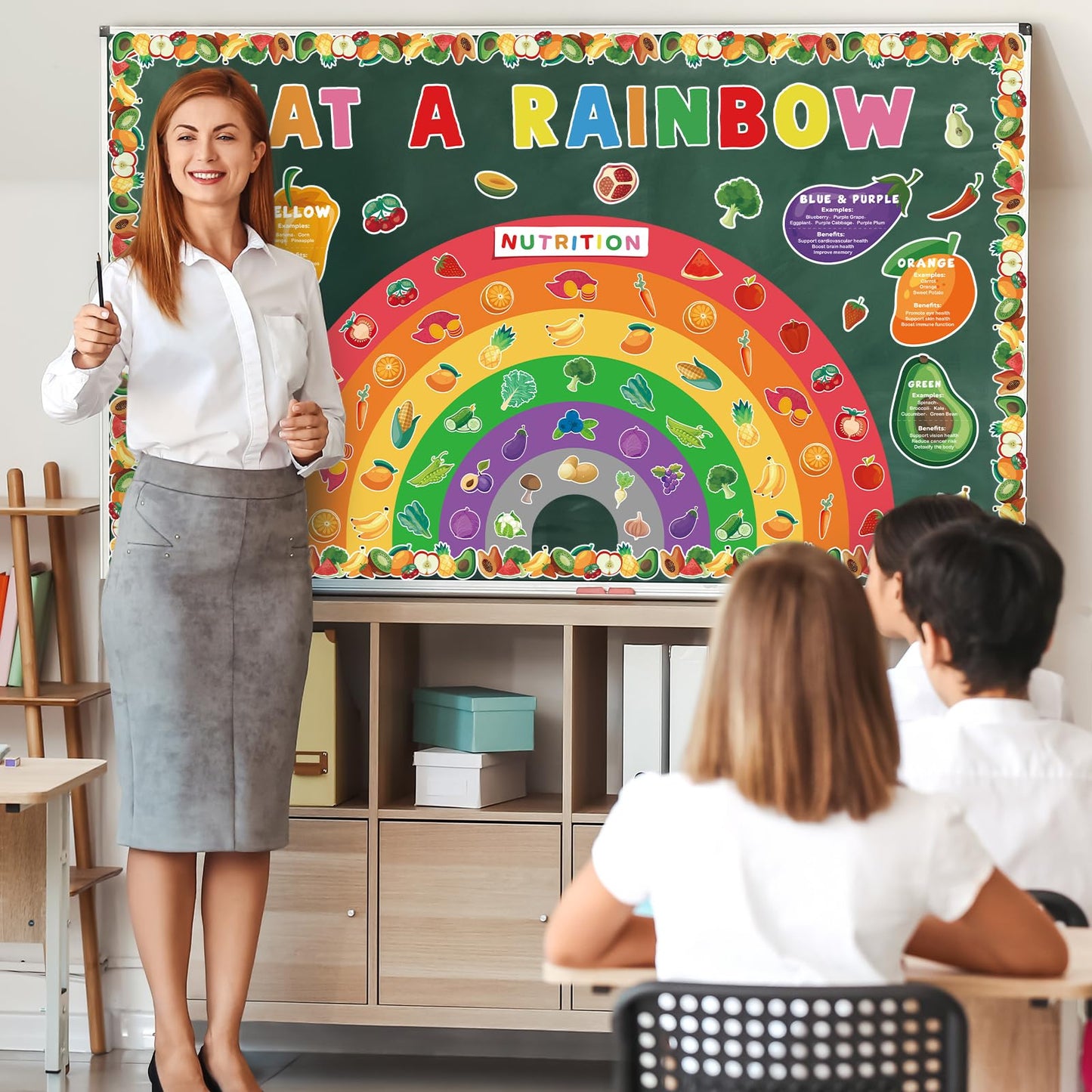 Eat A Rainbow Bulletin Board Set Healthy Food Fruit Vegetable Classroom Decoration Nutrition High Fiber Foods Cutouts Healthy Eating Board Border for Back to School Chalkboard Wall Decor Supplies