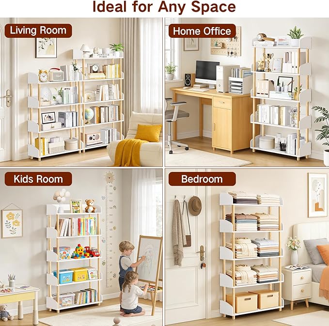 5-Tier Wooden Bookshelf, Modern Open Bookcase