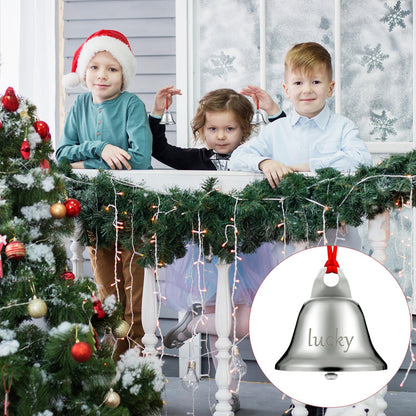 Sratte 24 Pack 1.5 Inch Christmas Bells Ornament Xmas Believe Jingle Decoration Silver Santa Sleigh Bell Christmas Printed Bell with Red Ribbon for Xmas Tree Home Decoration(Trumpet)