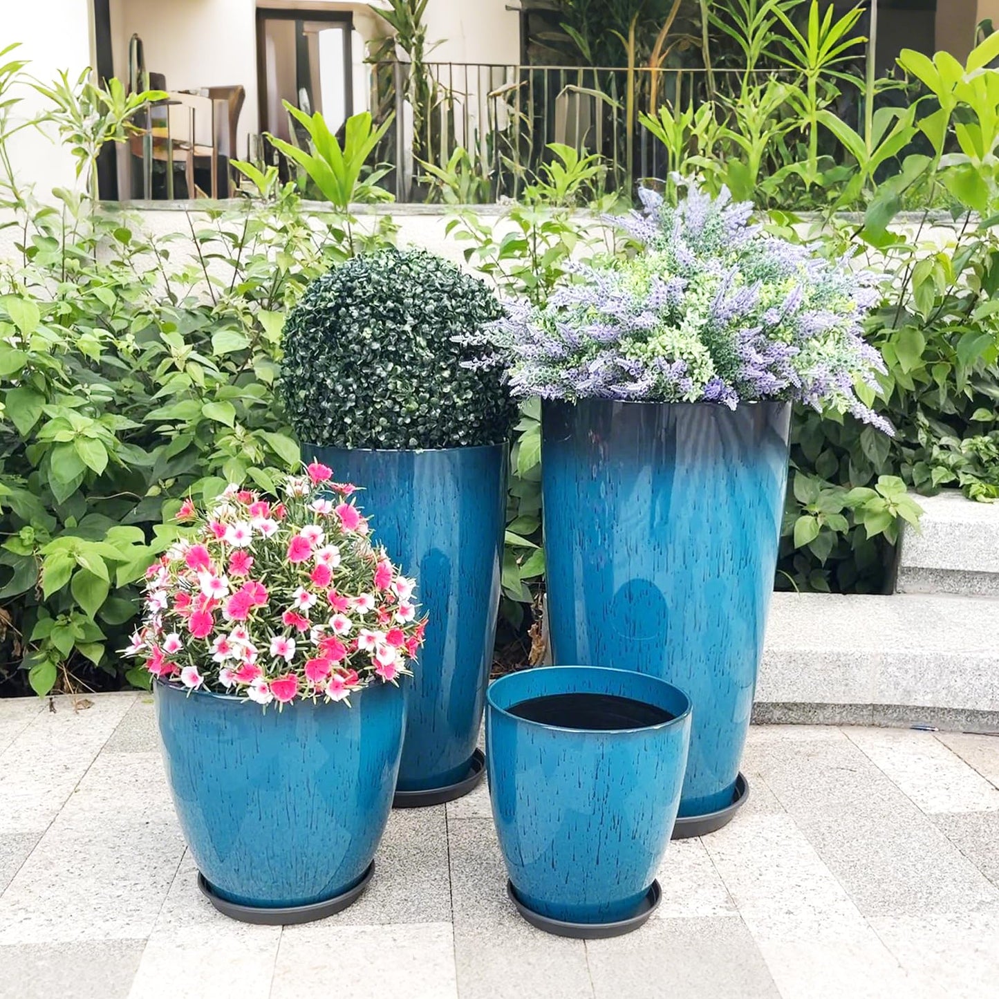 ZMTECH 24/21/12/10" H Large Plastic Planters with Drainage Hole & Saucer, Set of 4 Tall Plant Pots for Indoor/Outdoor Use, Gradient Blue Glossy Smooth Flower Pot for Front Porch Patio Garden