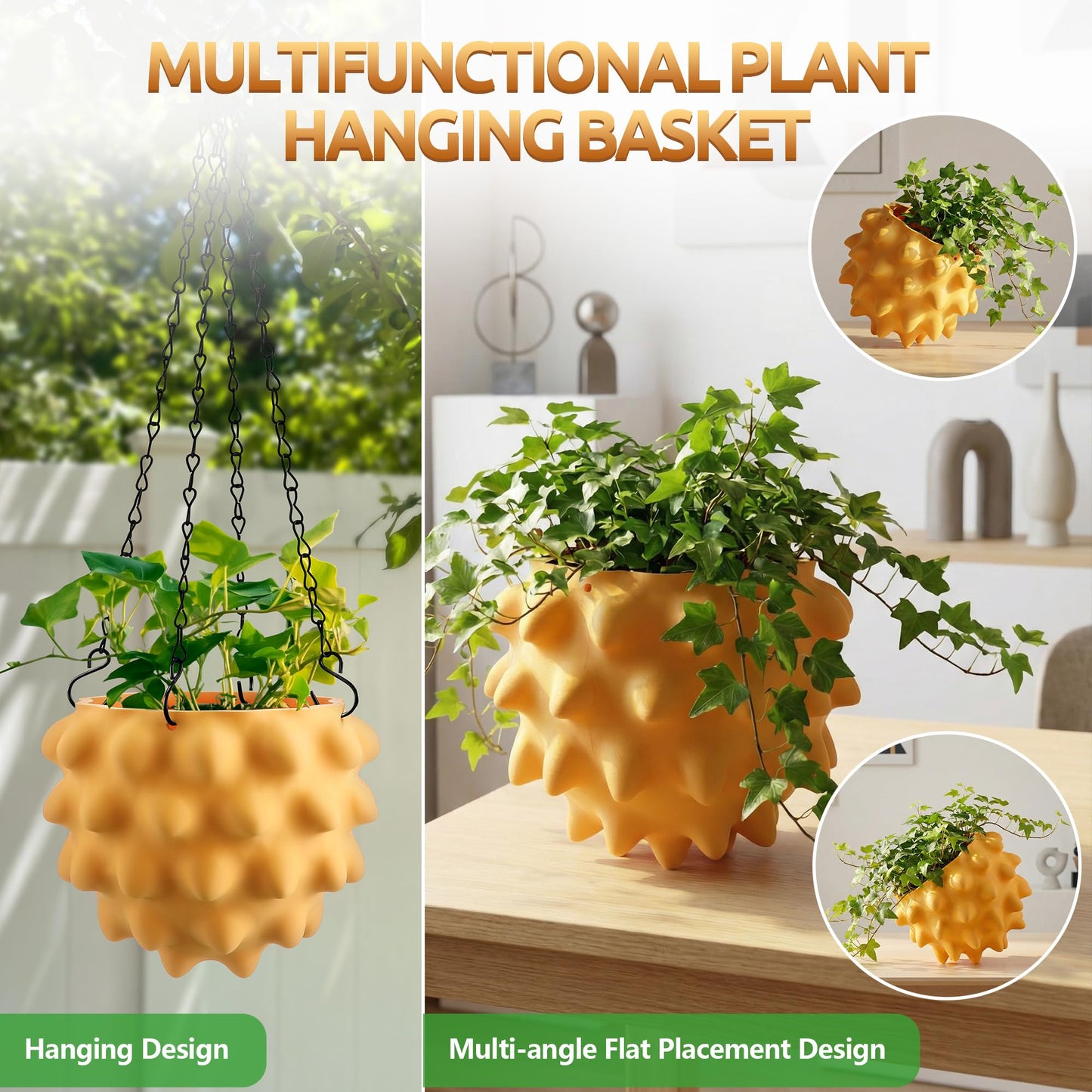 Enhon 6 Inch Hanging Planters for Indoor Plants, Unique Hanging Pots for Plants with Drainage and Hanger Baskets Hangers, Spiked Orb Plant Hanger, Matte Mustard Yellow