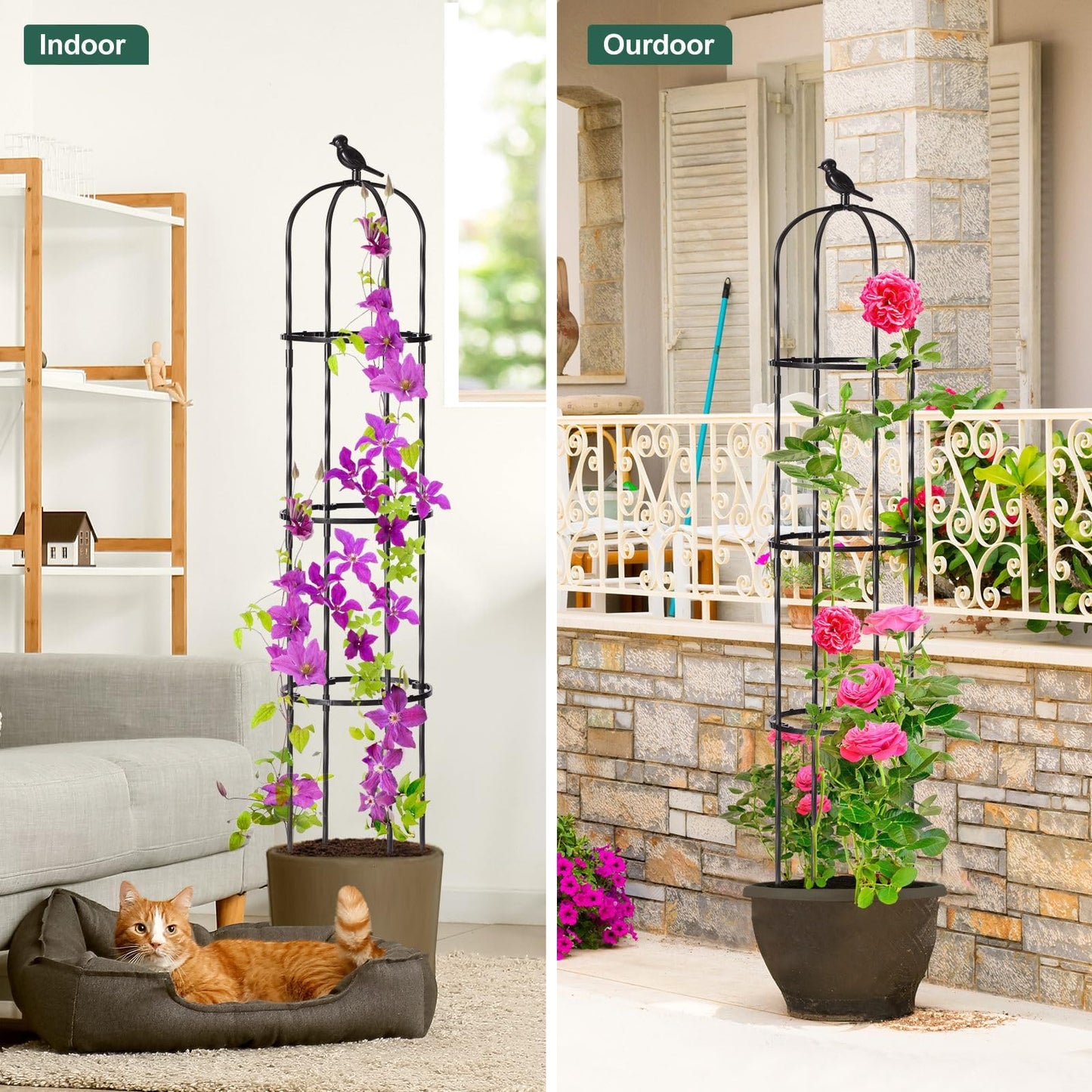 FOLLOOK Garden Obelisk Trellis for Climbing Plants Outdoor, Lightweight Climbing Plant Support Flower Roses Clematis Vegetable Light Vines Round Trellis for Raised Garden Bed Planter, Black, 2 Pack