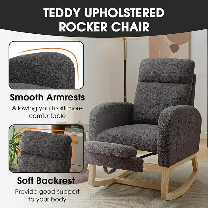 NIOIIKIT Modern Nursery Rocking Chair, Teddy Upholstered Rocking Chair