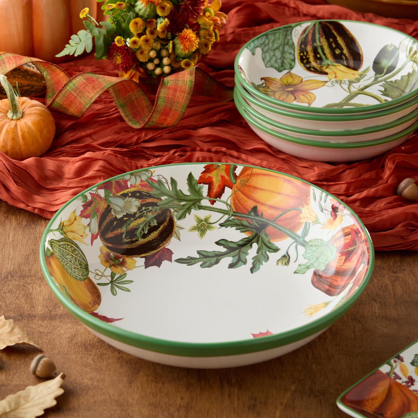 Harvest Fields 13” Ceramic Serving Bowl – Large Farmhouse Bowl with Autumn Pumpkin Design – Perfect for Salads, Pasta, Side Dishes & Holiday Entertaining – Microwave & Dishwasher Safe