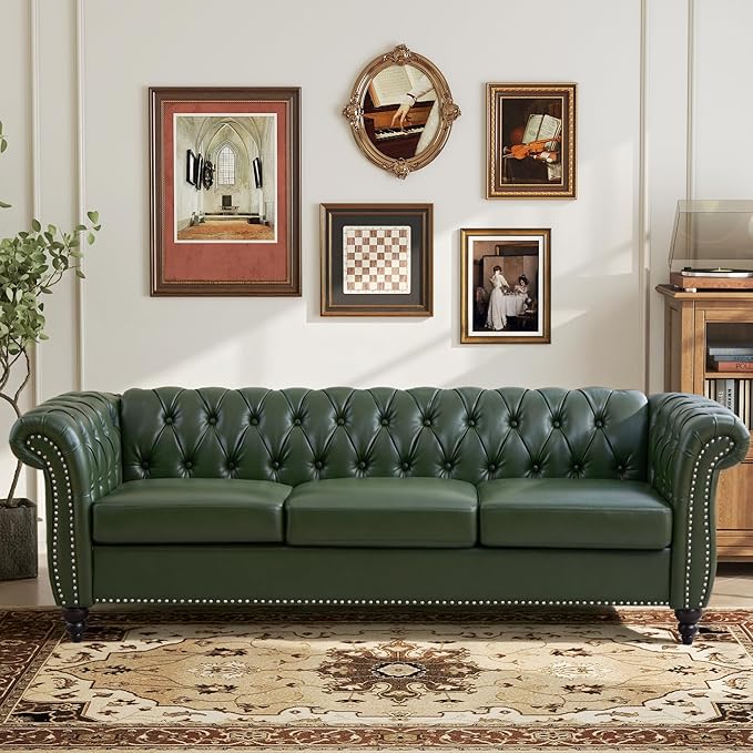 Mid-Century 3 Seater Sofa, Faux Leather Couch