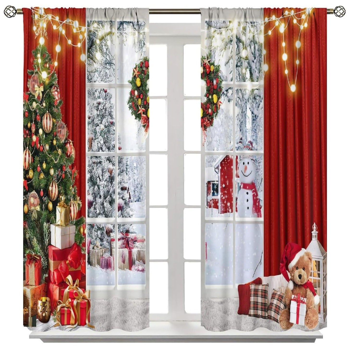 FengMingRui Merry Christmas Curtains Winter Festival Snowman Christmas Tree New Year Christmas Window Treatment Bedroom Living Room Decoration Blackout Decor Window Drapes 42" W X 45" L