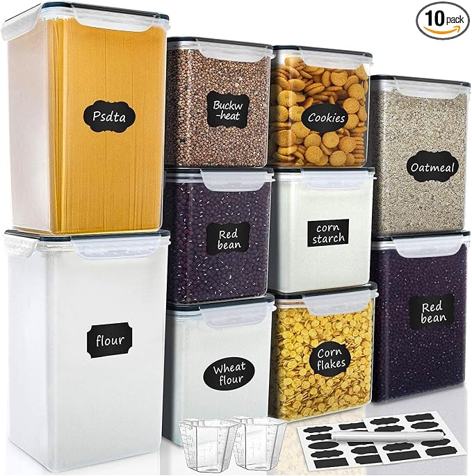VERONES Large Tall Airtight Food Storage Containers, 10 PACK Plastic Airtight Kitchen & Pantry Organization, Ideal for Flour & Sugar Plastic Canisters with Labels