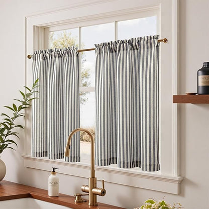 jinchan Striped Linen Kitchen Curtains 36 Inches Tier Curtains Farmhouse Modern Cafe Style Small Window Treatments Airy Light Filtering Rod Pocket for Living Room Bathroom 2 Panels Charcoal Grey