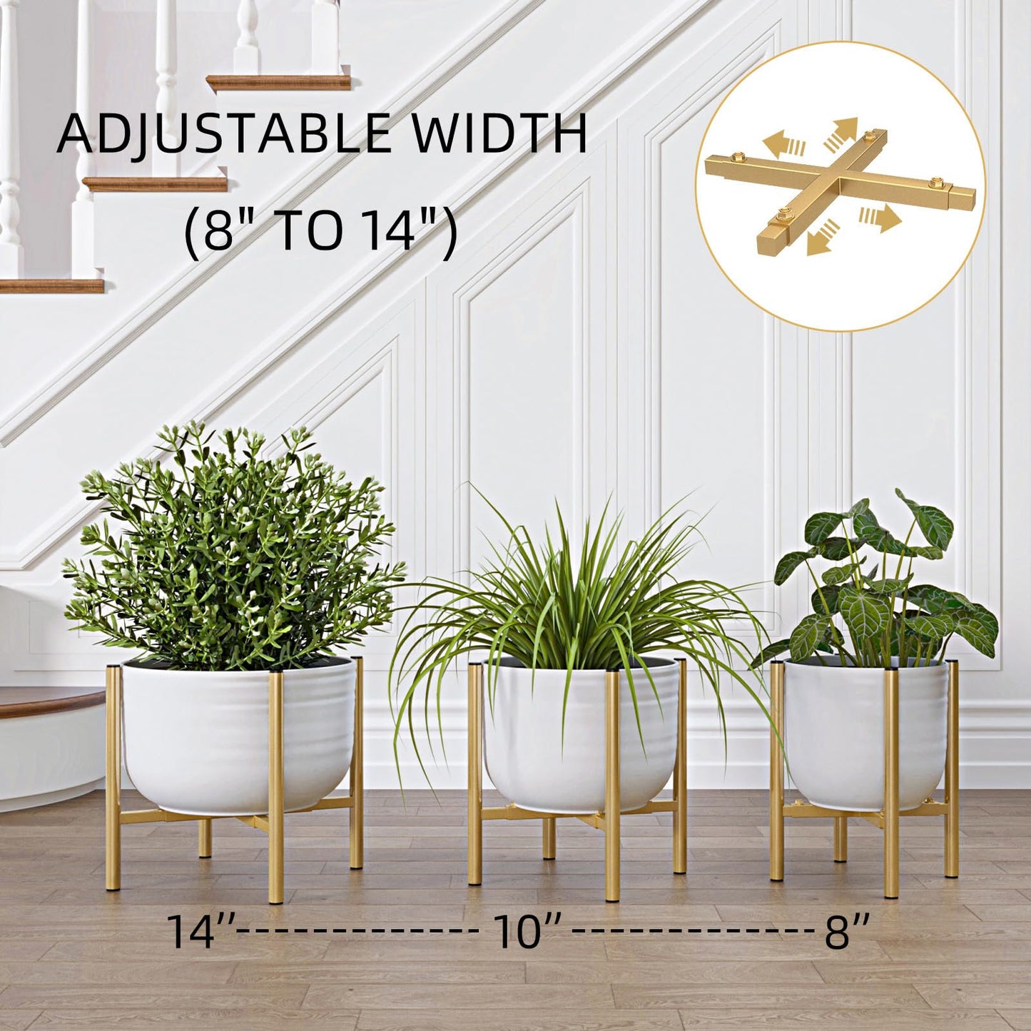 Rioneta Adjustable Metal Plant Stand Indoor, 8 to 14 Inch Pots Mid Century Modern Outdoor Planter Holder,Heavy Duty 160 LB Load, Corner Floor Small Stand for Home Garden Decor Golden