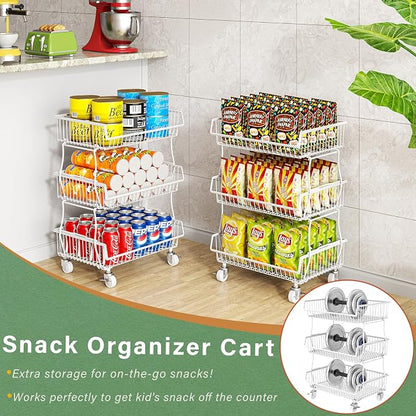 OKZEST Pantry Organizers and Storage Cart with Upgraded Metal Hub Casters | Fits under pantry shelf, stackable fine-mesh wire baskets, 3-tier rolling cart holds drink, snack, can, potato, onion, fruit