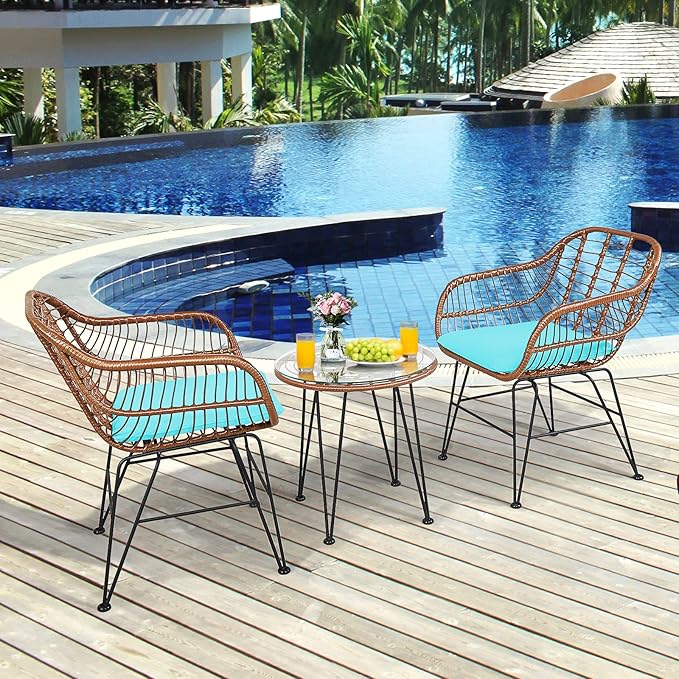 Tangkula 3 Pieces Patio Conversation Bistro Set, Outdoor Wicker Furniture
