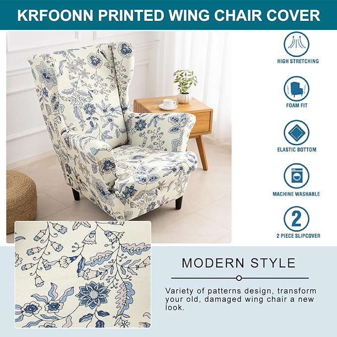 KRFOONN Velvet Wing Chair Slipcovers 2 Piece Stretch Printed Wingback Chair