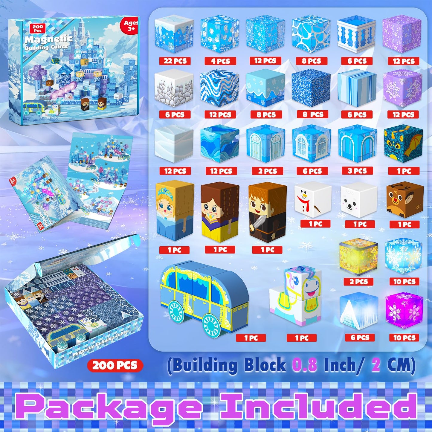 200 PCS Magnetic Blocks with Light Up Blocks - Transparent Magnetic Building Block for Kids Age 3+, Magnet Cubes Blue Castle, Magnets Toys Easter Birthday Gift for Boys Girls 4 5 6 7 8 9 10 11 12+