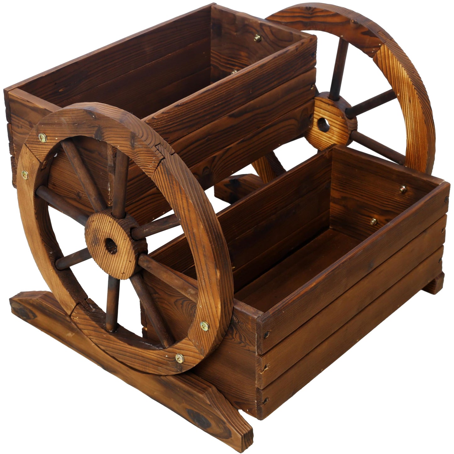 Lunanniu Wooden Wagon Wheel Planter Rustic 2 Tier Flower Box Outdoor Garden Cart Decorative Fir Wood Plant Holder Patio Yard Display Stand Rectangular Tiered Flowerbed Balcony Plant Stand