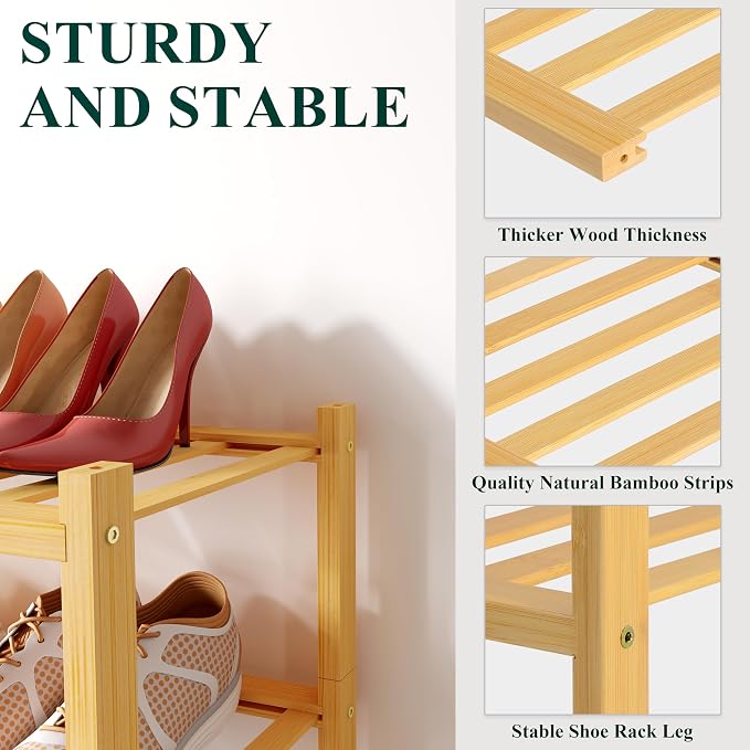 Smiry Small Bamboo Shoe Rack, 3 Tier Free Standing Wooden Shoe Organizer, Stackable Wood Shoe Storage Shelf for Closet, Entryway, 12 Vertical Slats, 2+1 Stack Standard Legs, 17.3"x11"x19.5", Natural