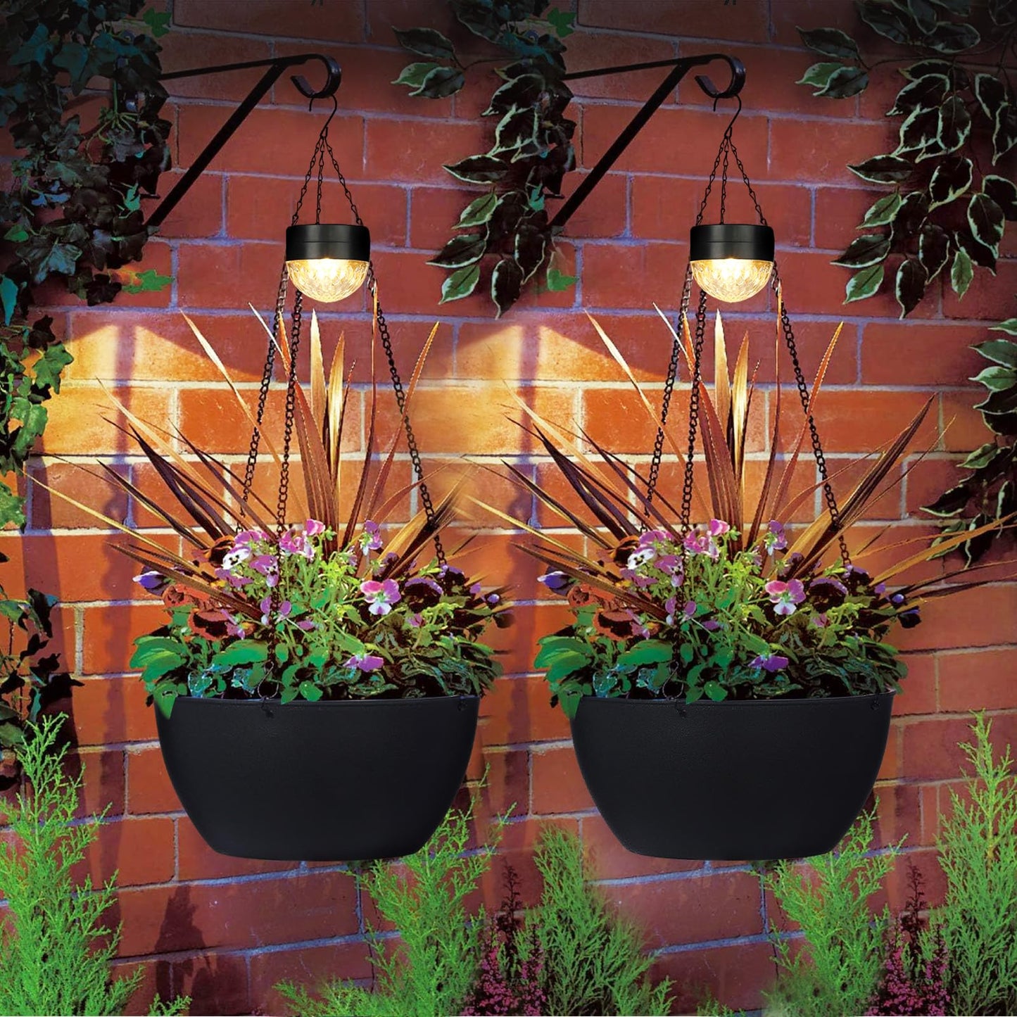 SUNNYPARK 2 Packs Hanging Planters Basket for Outdoor Plants, Solar Powered Self Watering Black Round Plastic Flower Pots with Drainer for Balcony Patio Garden Outdoor Decoration