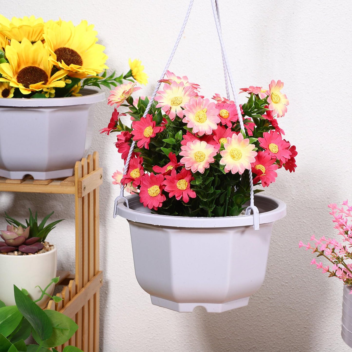Toddmomy 10Pcs Octagon Plastic Hanging Planters with Drainage Holes for Indoor Plants Balcony Garden Lightweight Hanging Pots with Hooks