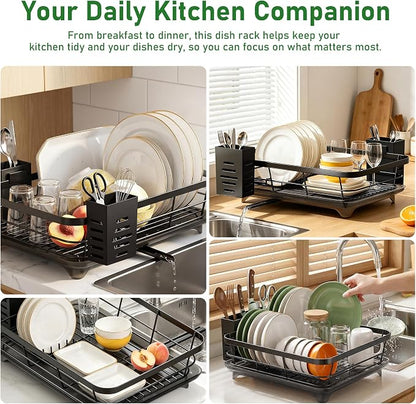 Dish Drying Rack for Kitchen Counter, Large Capacity Rust Resistant Rack with Removable Utensil Holder, Space-Saving Sink Organizer for Home and Apartment, 12" W x 16.6" L (Black)