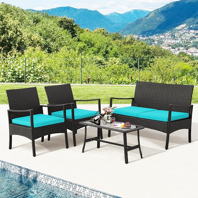 Tangkula 4 Pieces Rattan Conversation Set, Patio Sofa Couch Set