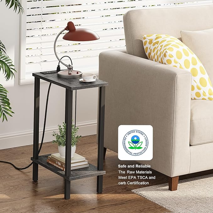 TUTOTAK Small End Table with Charging Station, Narrow Side Table with USB Ports