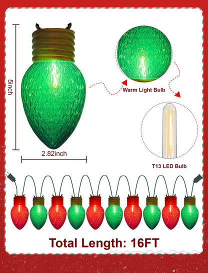 Romasaty Jumbo Christmas Lights, 16FT Giant Christmas Lights with 10 5'' LED Red Green Giant Strawberry Bulbs, C7 Hanging Xmas Light for Patio Garden Party Outdoor Xmas Decorations