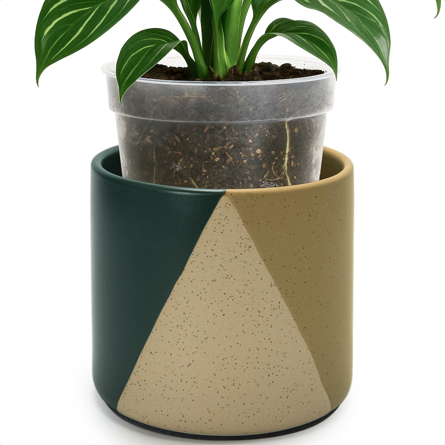 D'vine Dev 6.5" Stoneware Cachepot Planter with 6" Clear Nursery Pot & Detachable Saucer – Modern Indoor Plant Pot with Drainage for Bottom Watering & Root Visibility, Desert Forest, 93-O-C-1