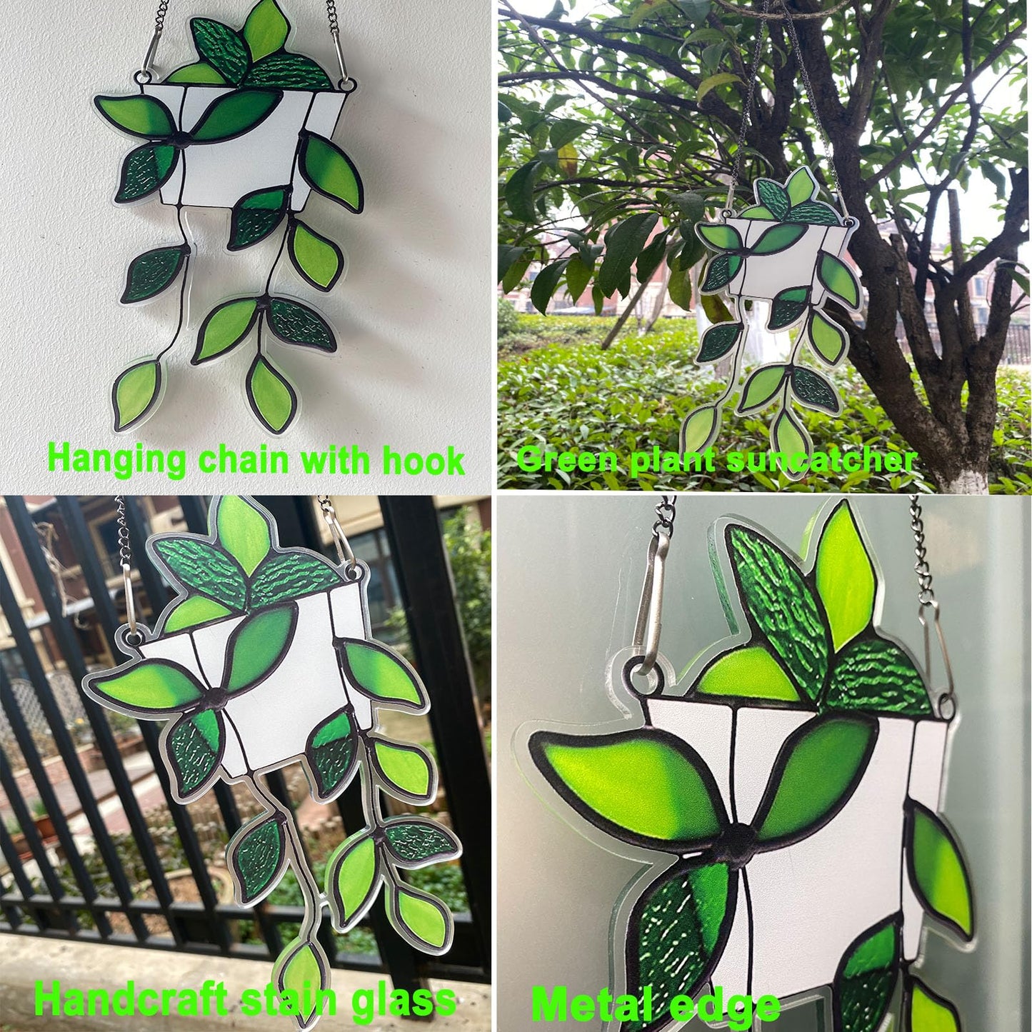 Green Plant Decor Stained Glass Window Hanging,Handcrafted Faux Plant Stained Glass Suncatcher for Window Hanging,Birthday Mother's Day for Women,Plant Lovers