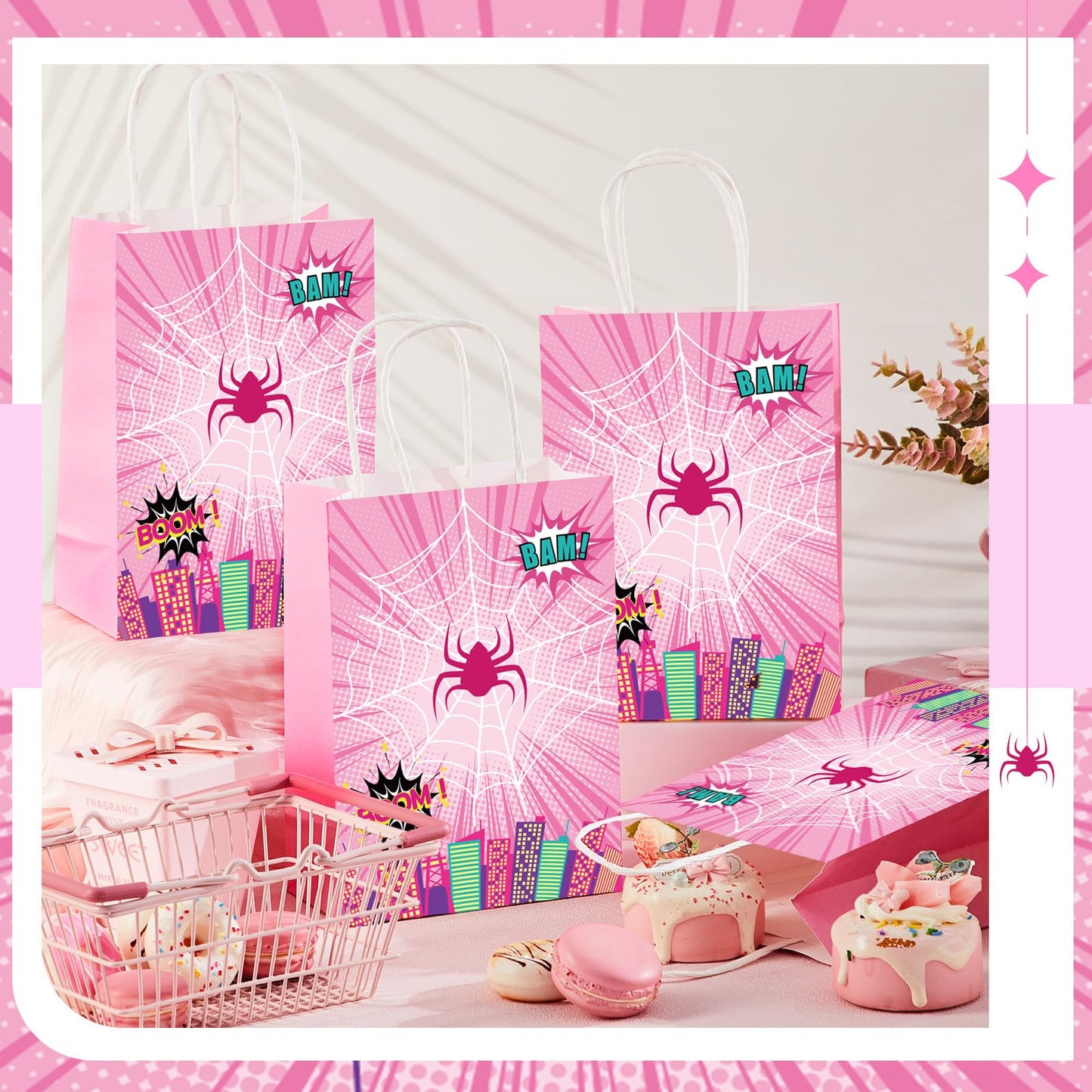 Henoyso 24 Pcs Pink Spider Party Favor Goodie Bags with Handles Pink Ghost Theme Birthday Decorations Treat Candy Snack Gift Bags for Baby Shower Birthday Party Supplies
