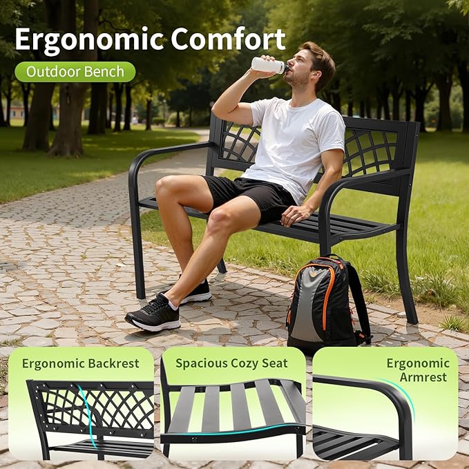 Garden Bench, Outdoor Benches, Iron Steel Frame Patio Bench