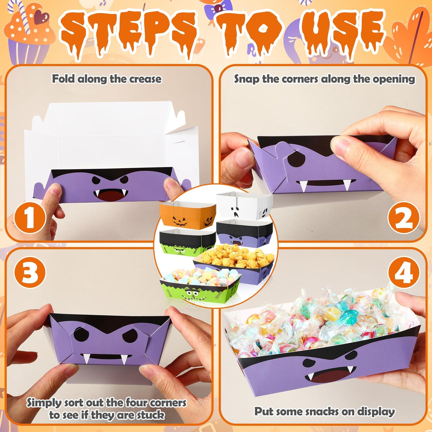 Dunzoom 36 Pcs Halloween Paper Food Trays Disposable Bowls Grease Resistant Pumpkin Monsters Ghost Food Boats Dessert Plates Nacho Snack Hot Dog Serving Tray for Halloween Party Supplies Decorations
