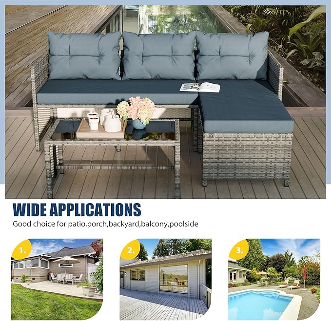 Vongrasig 3 Pieces Patio Furniture Sets, All-Weather Wicker Outdoor Sofa Couch