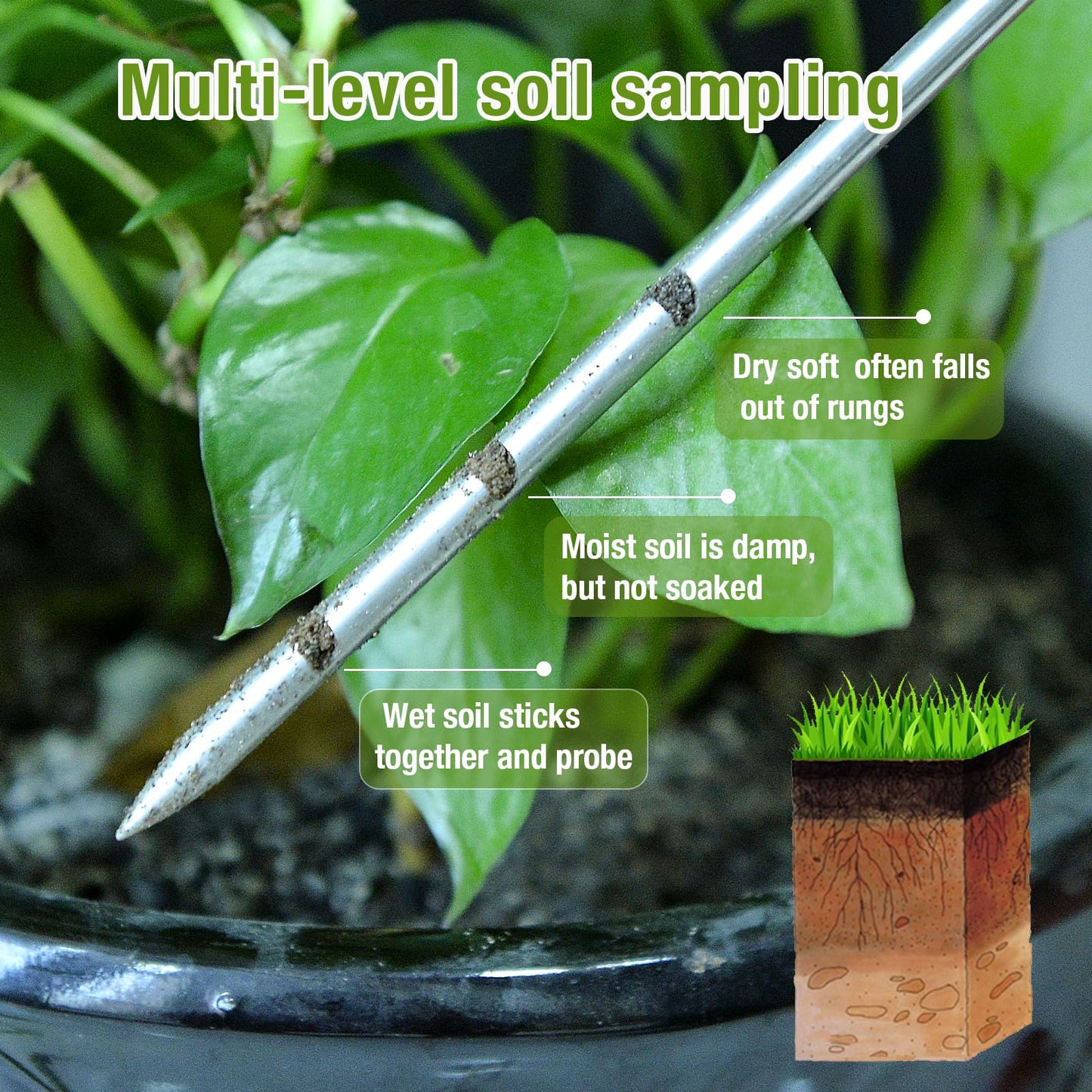 Soil Probe 10 Inches Moisture Meter for Plants, Soil Moisture Sampler with Dual Scale Markings, House Plant Water Monitor No Batteries Required