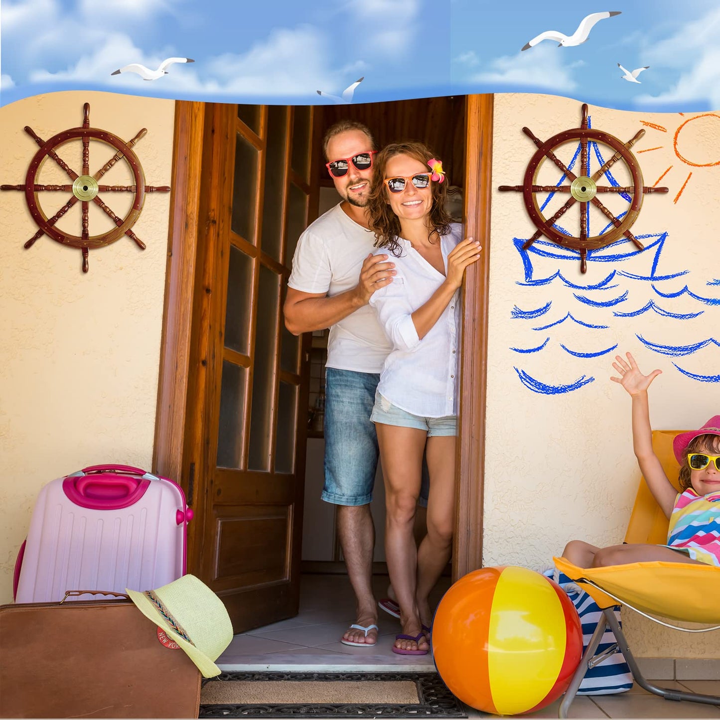 Tatuo 2 Pcs Ship Wheel Wall Decor Pirate Party Decorations Thin Flat Wooden Nautical Wall Art 2d Wood Beach Boat Cruise Ship Steering Wheel for Home Bedroom Decor(12 Inch)