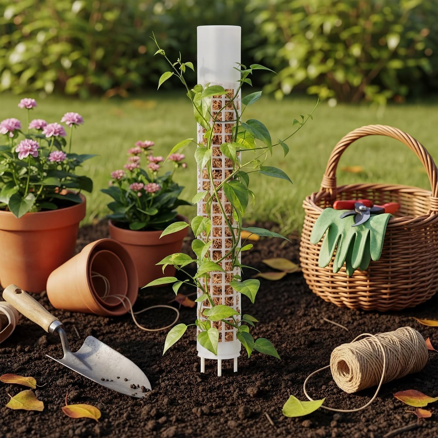Joyfolk 4 Pack Self-Watering Plastic Moss Stake for Monstera Plant Support Multi-Size Stackable and Refillable Plastic Moss Stakes for Climbing Plants with Large Mesh Design
