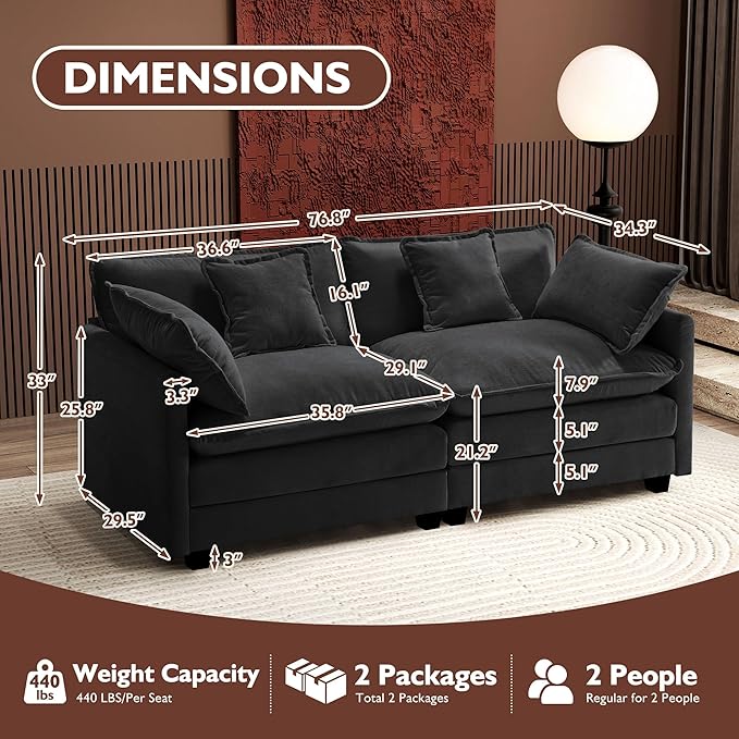 Ihanherry Cloud Sofa 77 Inch Loveseat, Modern Sectional Couch, 2-Seats Sofa