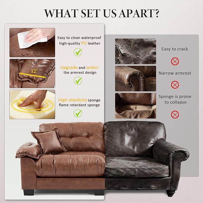 Faux Leather Sofa, Mid Century Modern Deep Loveseats, Comfy Cloud Couch