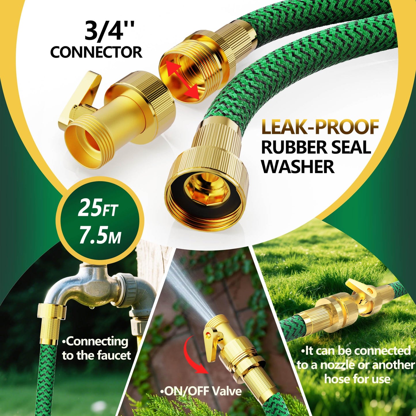 Non-Expandable Garden Hose 25ft, Flexible Water Hose with High-Density Fabric & Leak-Proof Metal Interface, Kink Resistant Wearproof Water Pipe for Gardening, Car Wash, Lawn, Yard
