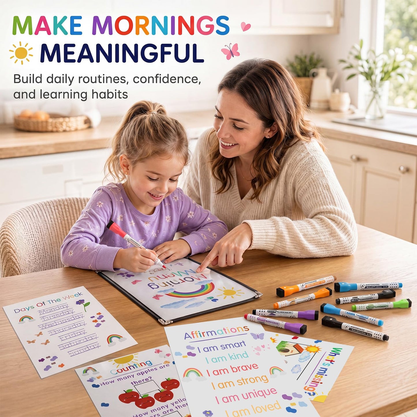 Hushee 31 Pcs Homeschool Morning Menu Kit for Toddler Preschool Kindergarten Prek Classroom Essentials Interactive Toddler Learning Binder, 21 Educational Posters 2 Dry Erase Menu Covers & 8 Markers