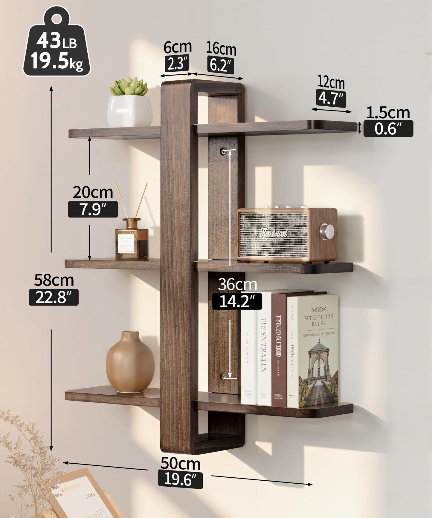 SUMGAR Floating Shelves for Wall Walnut Mounted Shelf Unit for Living Room Bedroom Bathroom Mid Century Modern Decorative Storage Plant Photo Display Home Decor 3 Tier Large 20in All Pine