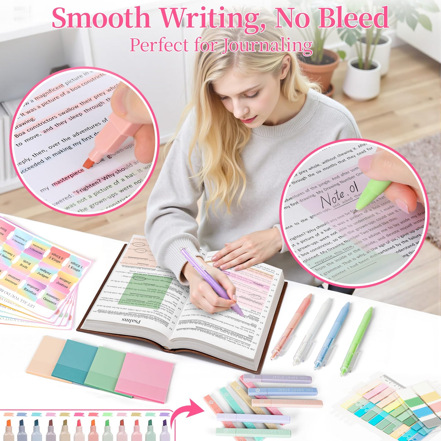 Bible Study Supplies Journaling Kit for Women,Bible Study Kit with Highlighters No Bleed,Journal Notebook Tabs Large Pencil Case, Accessories Set for Women Teens Beginner, Christian Gifts (Pink)