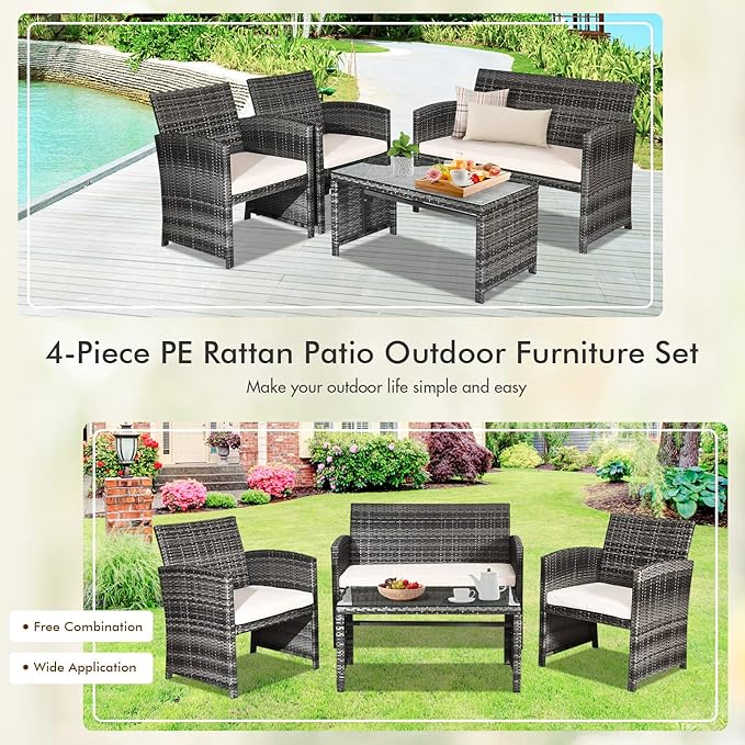 Goplus 4-Piece Rattan Patio Furniture Set, Outdoor Wicker Conversation Sofa
