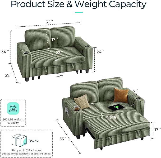 LINSY HOME Loveseat Sofa with Pull Out Couch Chaise: 2-in-1 Convertible 2